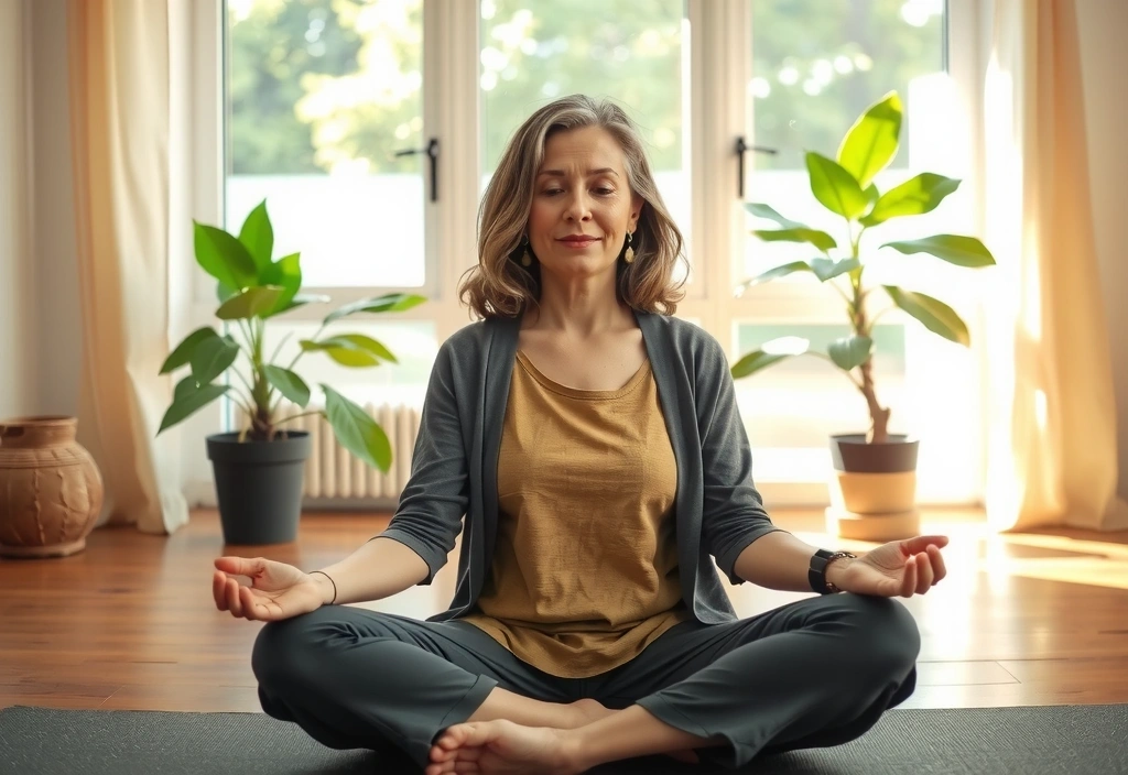 Dr. Anya Sharma meditating in a serene yoga studio, bathed in soft, natural light, with lush green plants in the background.