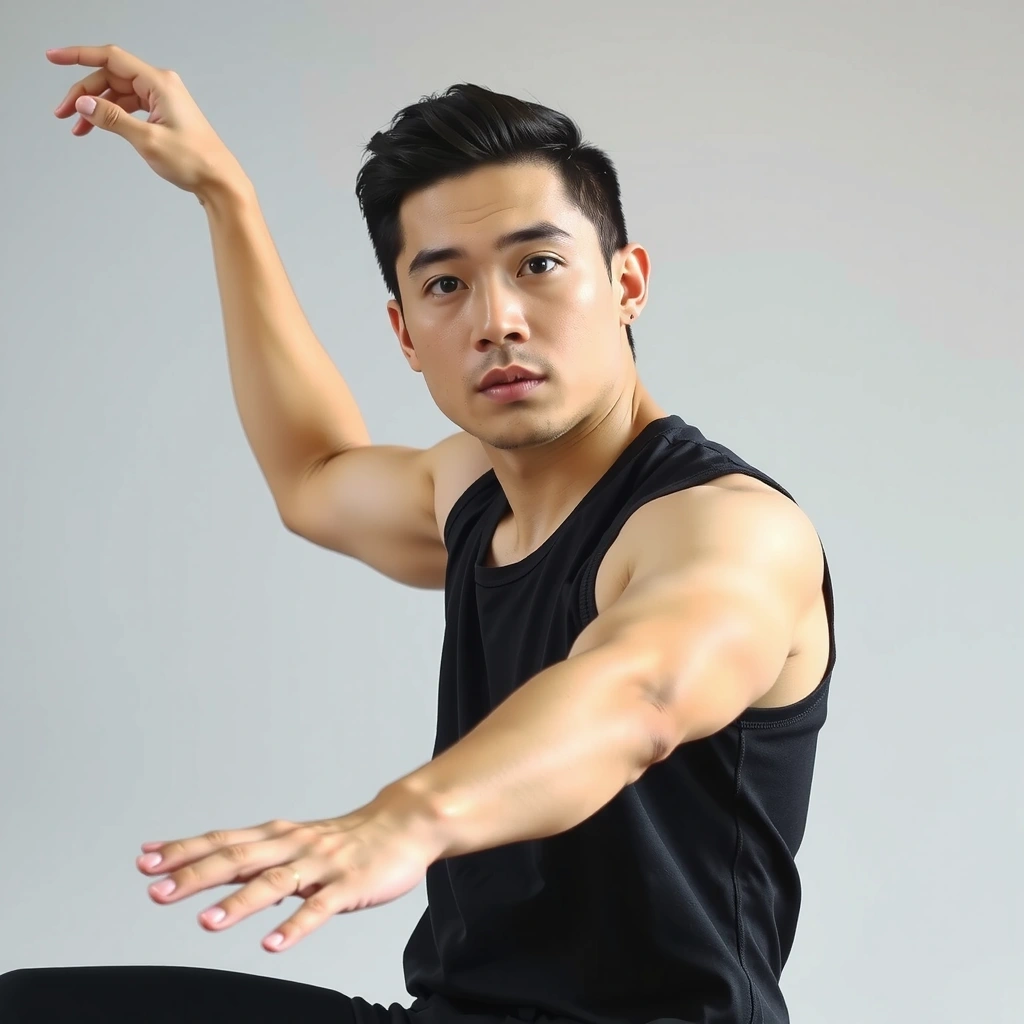 Instructor Alex Kim with a focused expression, demonstrating a complex yoga pose.