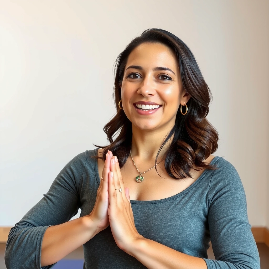 Instructor Maria Garcia demonstrating a gentle yoga pose.