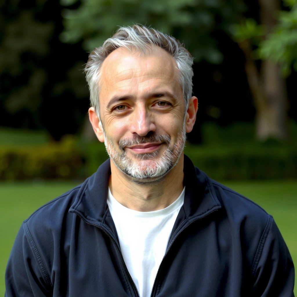Instructor Omar Hassan in a peaceful meditation, with a serene backdrop.