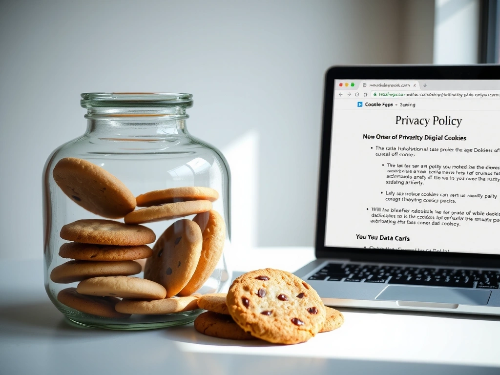 A jar of cookies next to a laptop, symbolizing website cookies and data privacy.