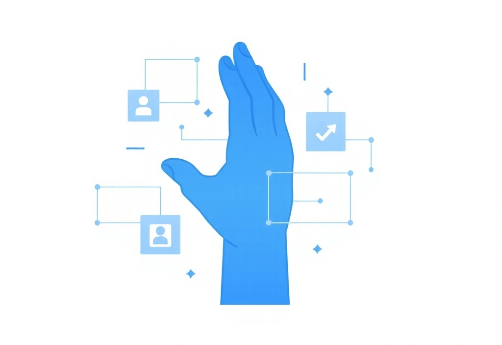 A person reaching out a hand, signifying help and contact, with abstract digital elements.