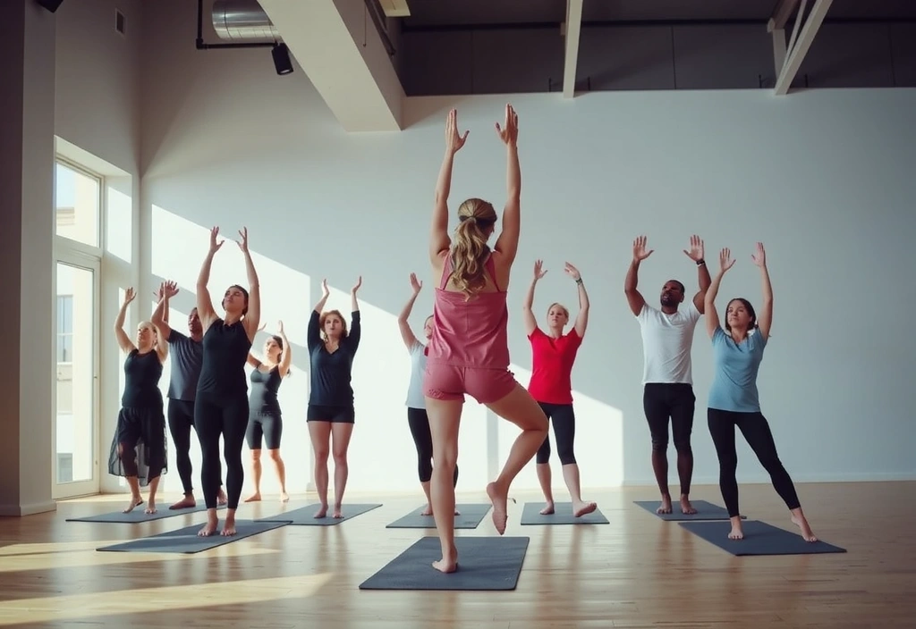 Yoga class practicing Vinyasa flow